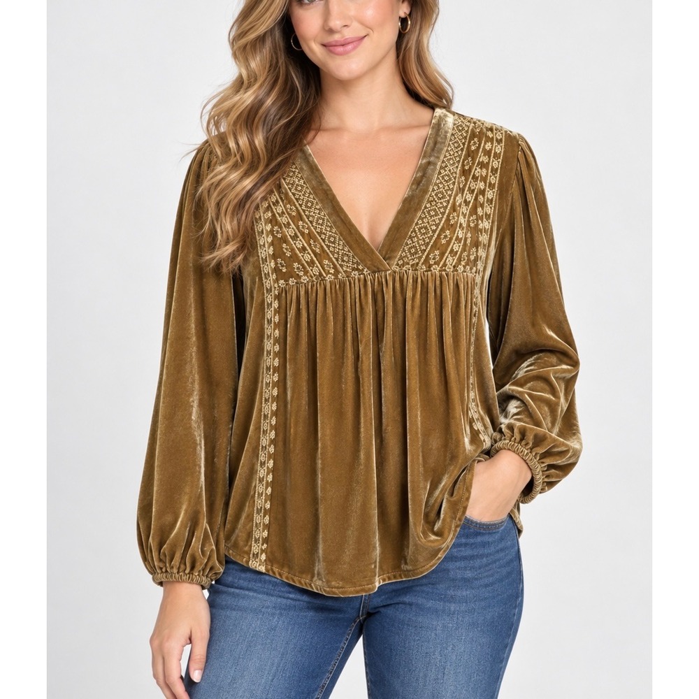 Garnet Hill Velvet Blouse Womens 10 Gold Silk Blend Embroidered Boho Romantic